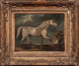  WHITE ARABIAN RACE HORSE "LOP BY CROP" OIL PAINTING