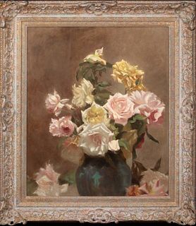  STILL LIFE OF PINK WHITE & YELLOW ROSES OIL PAINTING