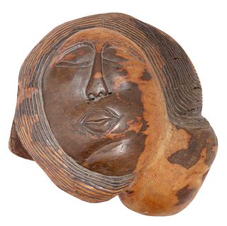 SIGNED V.T. CARVED WOOD FIGURAL SCULPTURE, ABSTRACT FEMALE HEAD