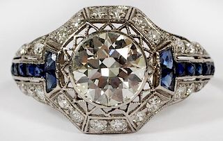 LADY'S ART DECO DIAMOND GOLD AND SAPPHIRE RING