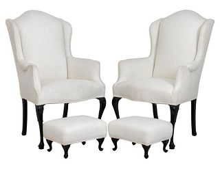 Queen Anne Style Wing Chairs & Stools, Pair