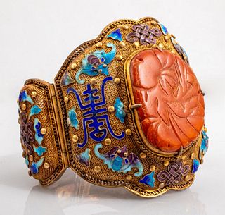 Chinese Enameled Gilt Silver Carved Amber Bracelet