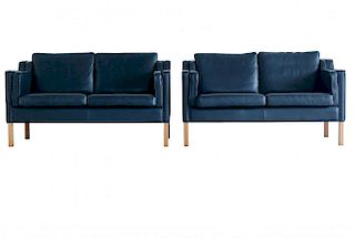 Pair of Børge Mogensen Model 2212 Style 2-Seater Sofa in Dark Sapphire Leather by Stouby