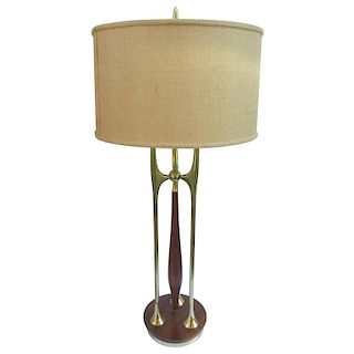 Large Brass and Walnut Laurel Lamp