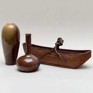 Japanese Woven Basket and Two Ceramic Vases