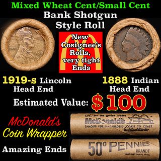 Mixed small cents 1c orig shotgun roll, 1919-s Lincoln Cent, 1888 Indian Cent other end, Mcdonalds Brandt Wrapper.