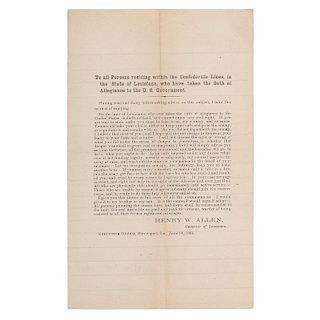 CSA Proclamation Issued by Louisiana Governor Henry W. Allen Calling for All Persons to Disavow Loyalty to the Union, 1864