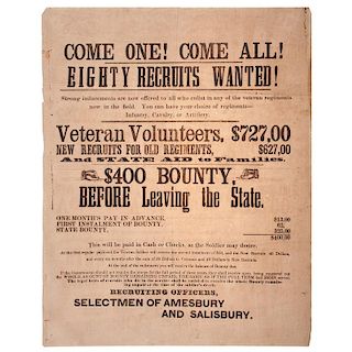 Civil War Broadsides Recruiting Soldiers from Amesbury, Massachusetts, Ca 1863-1865