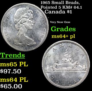 1965 Small Beads, Pointed 5 Canada Dollar KM# 64.1 1 Grades Choice Unc+ PL