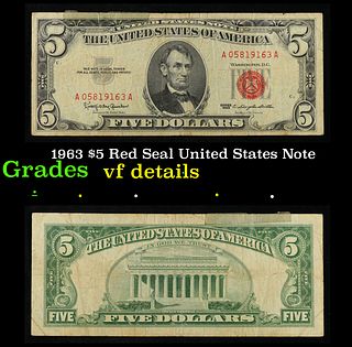 1963 $5 Red Seal United States Note Grades vf details