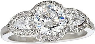 DECADENCE Sterling Silver 7mm Round 3 Stone Cubic Zirconia Engagement Ring With 3x5mm Pear Side Stones size 8