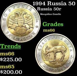 1994 Russia 50 Rubles Bimetallic Y# 369 Grades GEM+ Unc