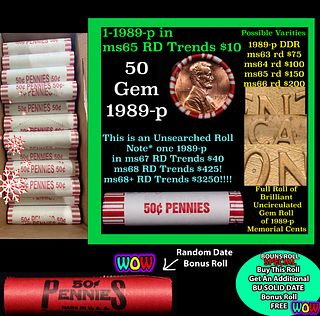 THIS AUCTION ONLY! BU Shotgun Lincoln 1c roll, 1989-p 50 pcs Plus one bonus random date BU roll! Bank Wrapper 50c