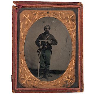 Civil War Ruby Ambrotype and Tintype of Armed Troopers, One from the 1st Ohio Volunteer Cavalry, Plus Ribbon