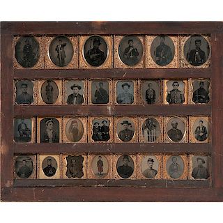Wood Frame Containing 30 Civil War Ambrotypes and Tintypes, Many Armed with Revolvers, Rifles, and Knives