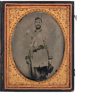 Confederate Half Plate Ruby Ambrotype of a Triple Armed Georgia Rebel Wearing a McElroy Bowie
