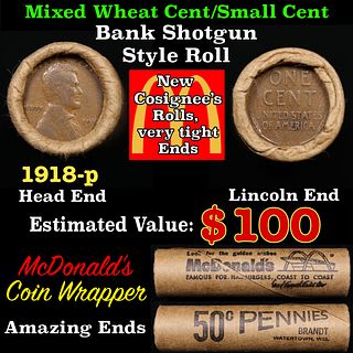 Lincoln Wheat Cent 1c Mixed Roll Orig Brandt McDonalds Wrapper, 1918-p end, Wheat other end