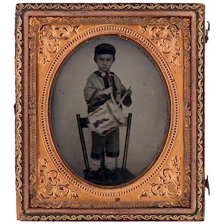 Civil War Sixth Plate Ruby Ambrotype of a Young Boy in a Zoauve Outfit with Drum, by G.S. Cook, Charleston, South Carolina