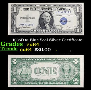 1935D $1 Blue Seal Silver Certificate Grades Choice CU