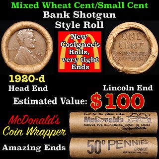 Mixed small cents 1c orig shotgun roll, 1920-d Lincoln Cent, Wheat Cent other end, McDonalds Brandt Wrapper.