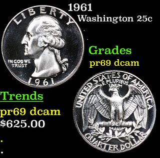 Proof 1961 Washington Quarter 25c Grades GEM++ Proof Deep Cameo