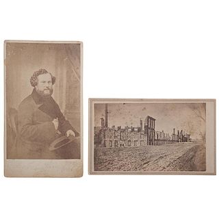 CDVs of Samuel Colt and View of Factory Ruins after Fire in Hartford