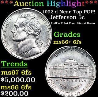 ***Auction Highlight*** 1992-d Jefferson Nickel Near Top POP! 5c Graded GEM++ 6fs BY USCG (fc)