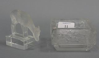 Two Lalique crystal pieces including a deer, ht. 3 1/4in. (chipped) and a square dish with leaves, ht. 2in., wd. 3 1/2in.