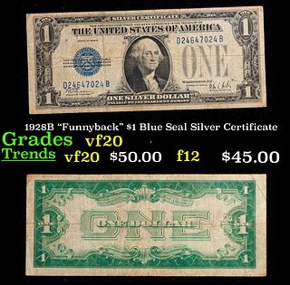 1928B "Funnyback" $1 Blue Seal Silver Certificate Grades vf, very fine