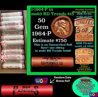 THIS AUCTION ONLY! BU Shotgun Lincoln 1c roll, 1964-p 50 pcs Plus one bonus random date BU roll! Federal Reserve Bank of Cleveland Wrapper 50c