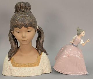 Two porcelain Lladro figures including Antonio Ruiz bust Gardener Girl (ht. 16 1/2in.) and Flower Girl with pink dress (broke