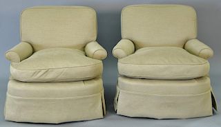 Pair of custom tan upholstered club chairs with down filled cushions. very clean condition.