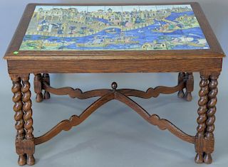 Oak coffee table with scenic Continental tile top signed De La Morinerie Jullien Paris 69. ht. 25in., top: 40" x 32"