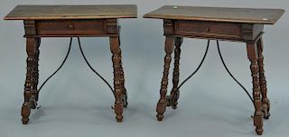 Pair of Italian style one drawer stand with turned legs and iron stretcher. ht. 23in., top: 12" x 26"