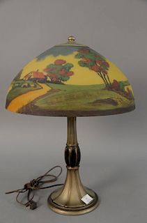 Jefferson table lamp with reverse hand painted glass shade, signed. ht. 22in.