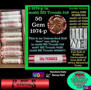 THIS AUCTION ONLY! BU Shotgun Lincoln 1c roll, 1974-p 50 pcs Plus one bonus random date BU roll! Bank Wrapper 50c