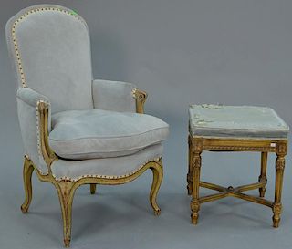 French Louis XV style fauteuil with Louix XVI style stool. chair: ht. 37in., stool: ht. 18in., top: 16" x 16"