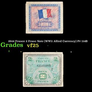 1944 France 2 Franc Note (WW2 Allied Currency) P# 114B Grades vf+