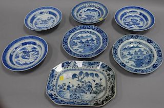 Seven blue and white porcelain Canton pieces to include six bowls and a rectangular tray ,lg. 11 1/2in. (some minor chips and