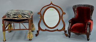 Three piece lot including Contemporary dresser mirror (ht. 24in., wd. 22in.), stool with pillow top, and a small child's chai