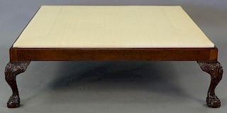 Chippendale style mahogany square coffee table with woven top. ht. 15in., top: 49" x 49"