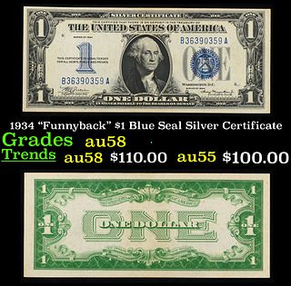 1934 "Funnyback" $1 Blue Seal Silver Certificate Grades Choice AU/BU Slider