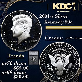 Proof 2001-s Silver Kennedy Half Dollar 50c Graded pr69+ dcam BY SEGS