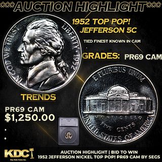 Proof ***Auction Highlight*** 1952 Jefferson Nickel TOP POP! 5c Graded pr69 CAM BY SEGS (fc)