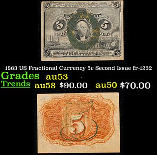 1863 US Fractional Currency 5c Second Issue fr-1232 Grades Select AU