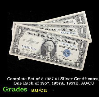 Complete Set of 3 1957 $1 Silver Certificates, One Each of 1957, 1957A, 1957B, AU/CU $1 Blue Seal Silver Certificate Grades au/cu
