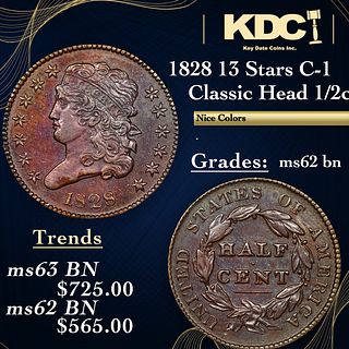 1828 13 Stars Classic Head half cent C-1 1/2c Grades Select Unc BN