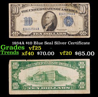 1934A $10 Blue Seal Silver Certificate Grades vf+