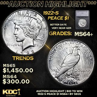 ***Auction Highlight*** 1922-s Peace Dollar $1 Graded ms64+ By SEGS (fc)