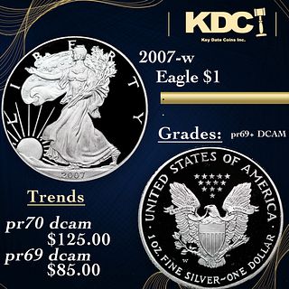 Proof 2007-w Silver Eagle Dollar 1 Grades GEM++ Proof Deep Cameo BY SEGS